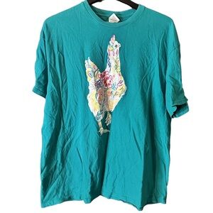Unisex 2XL Delta Teal Floral Chicken Graphic T Shirt Short Sleeve Unique Tee